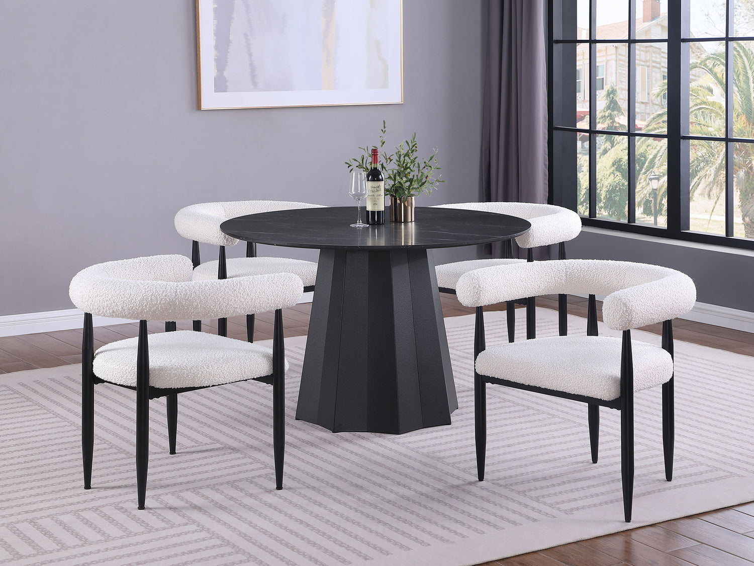 LGC105780-S5 Black 5 Piece Round Faux Marble Top Dining Table Set