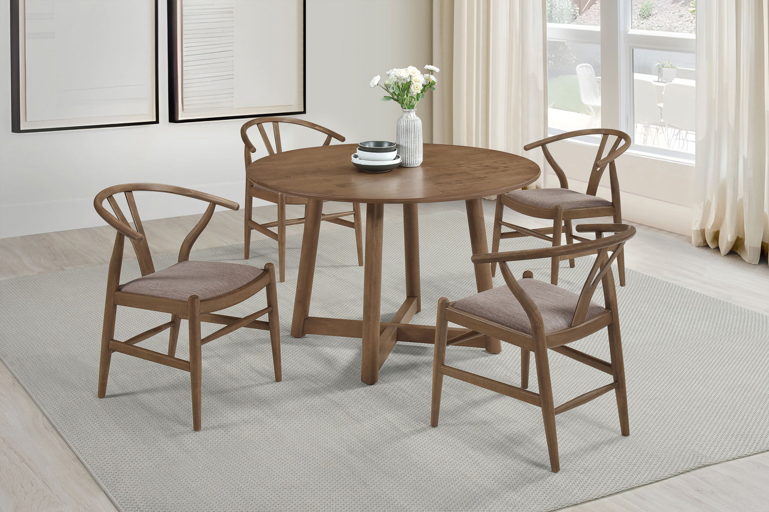 LGC108471-S5 Walnut 5 Piece Round Solid Wood Dining Table Set