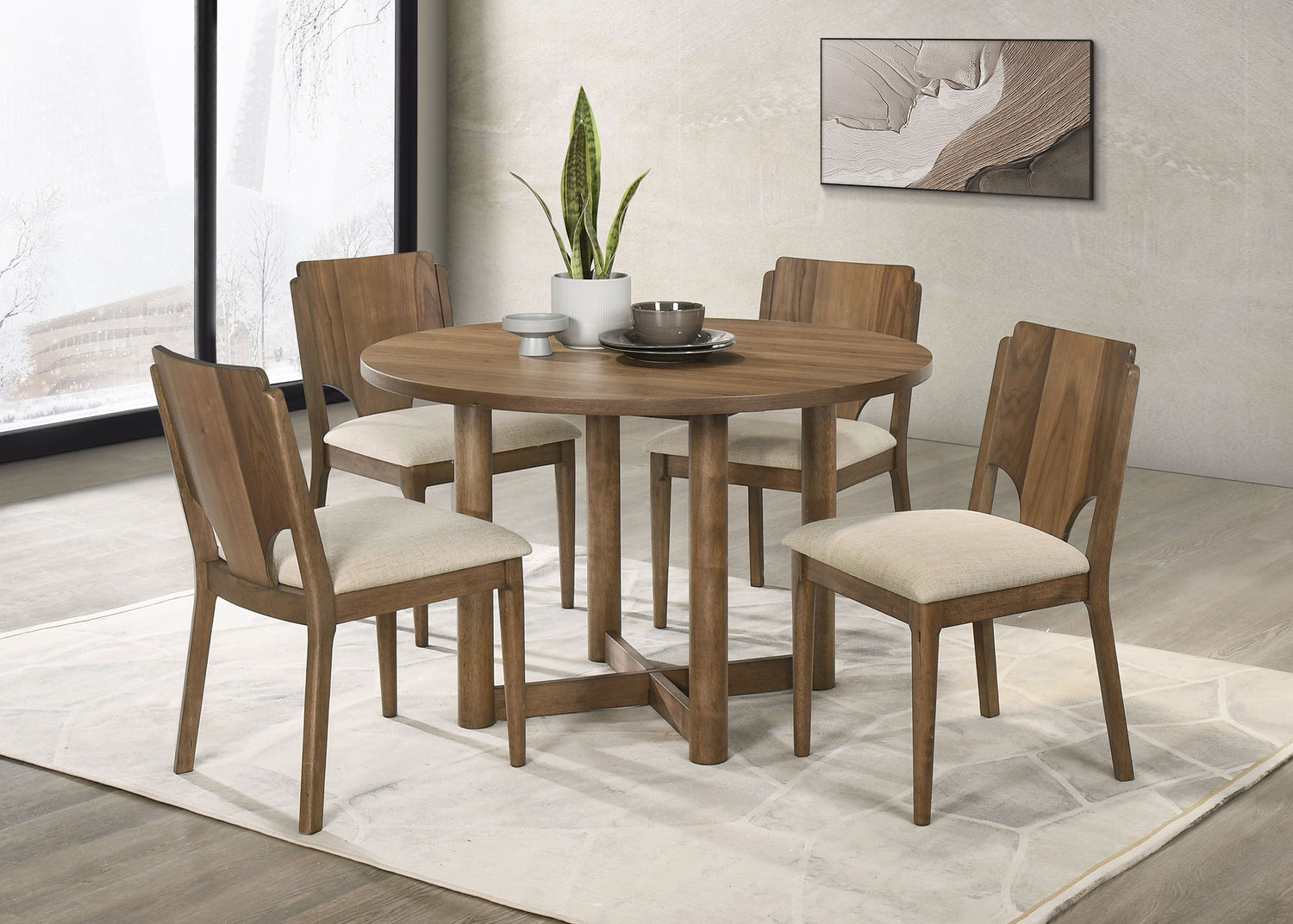 LGC108570-S5 Walnut 5 Piece 46 Inch Round Wood Dining Table Set