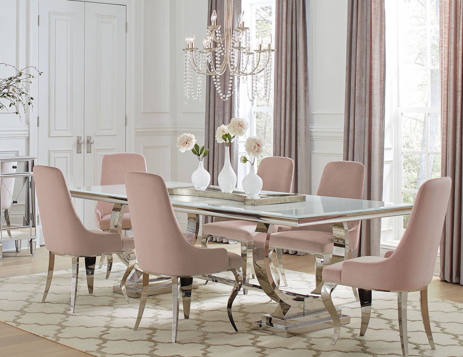 LGC108811-S7P 7 Piece Rectangular Glass Top Dining Table Set Pink