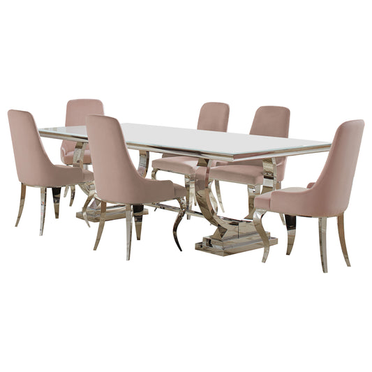 LGC108811-S7P 7 Piece Rectangular Glass Top Dining Table Set Pink