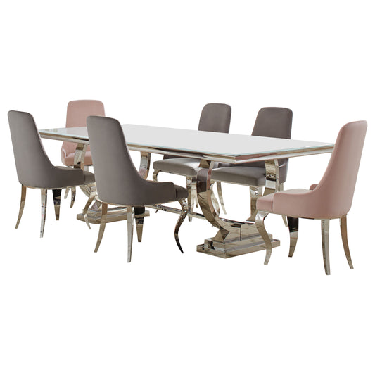 LGC108811-S7 7 Piece Rectangular Glass Top Dining Set Grey and Pink