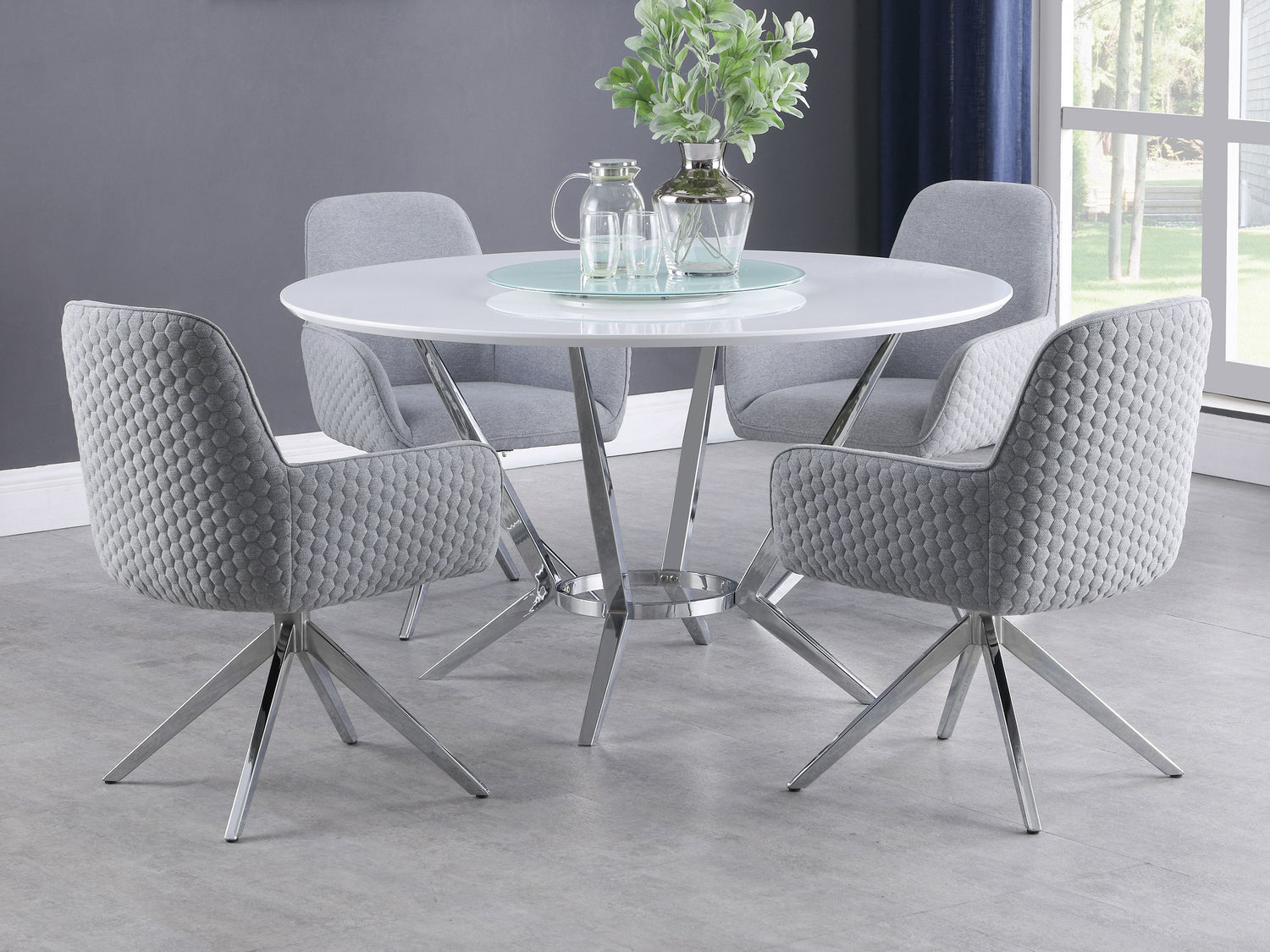 LGC110321-S5 5 Piece Round Table Set White High Gloss and Gray Chairs