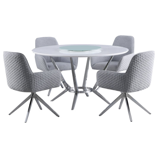 LGC110321-S5 5 Piece Round Table Set White High Gloss and Gray Chairs