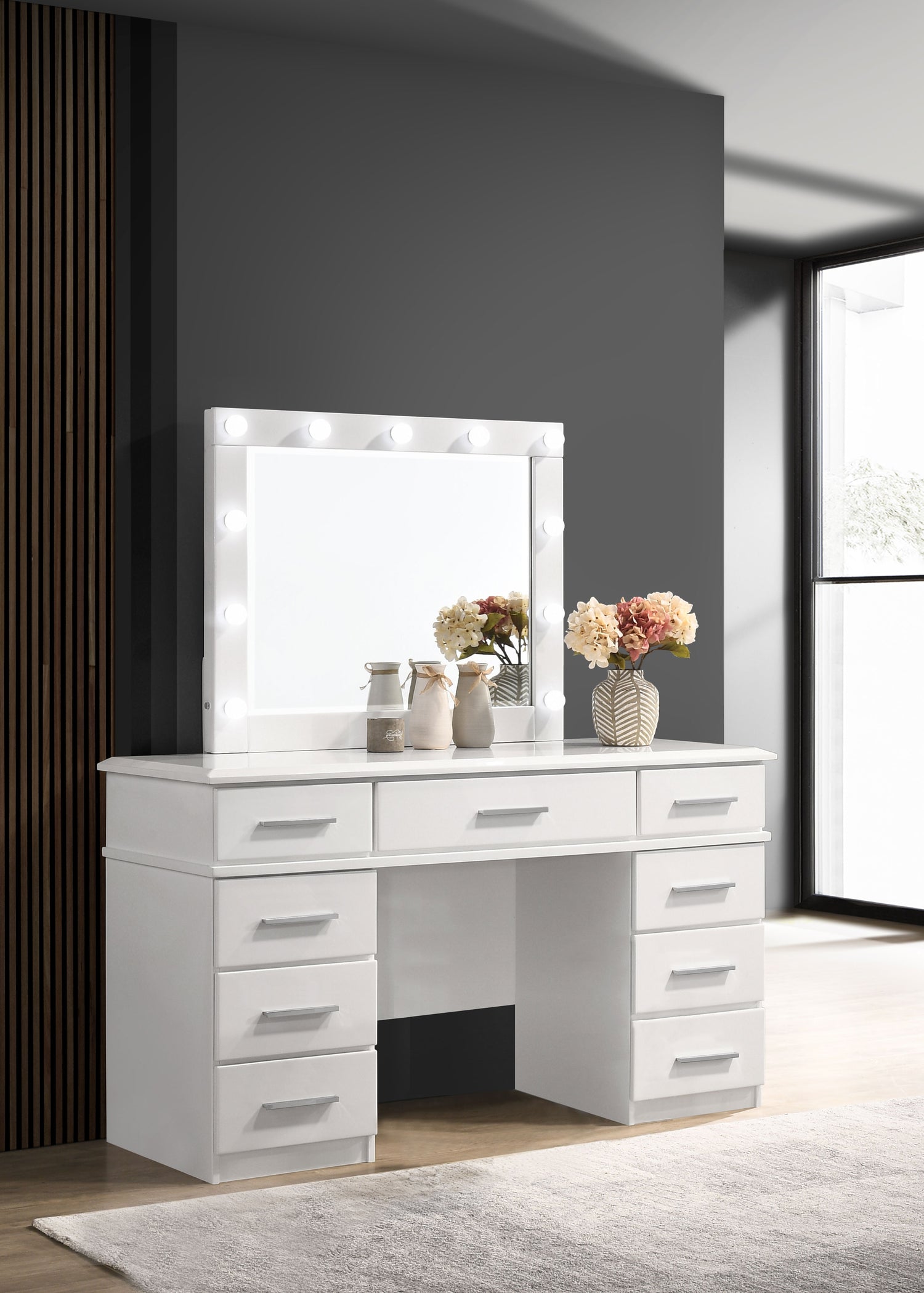 LGC203507 White Glossy 9 Drawer Vanity With LED Light Mirror