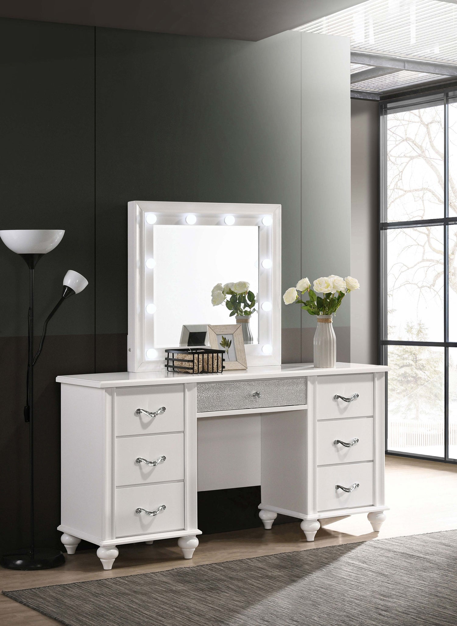 LGC205897 White 7 Drawer Vanity With Mirror LED Lights