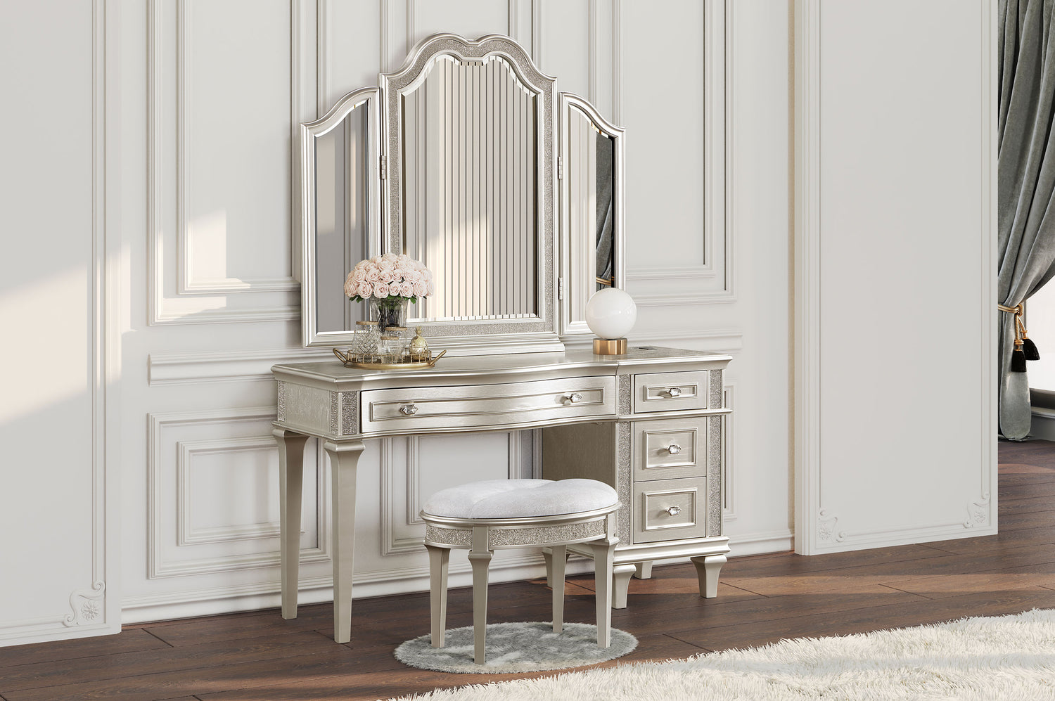 LGC223397 Glitter Silver Finish 4 Drawer Vanity Set With Tri-Fold Mirror