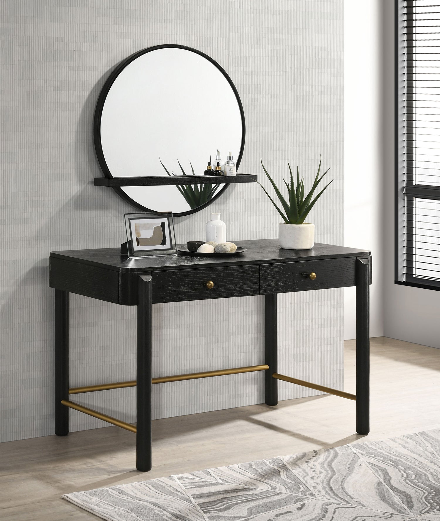 LGC224337 Black Vanity Table With Round Wall Mirror Set