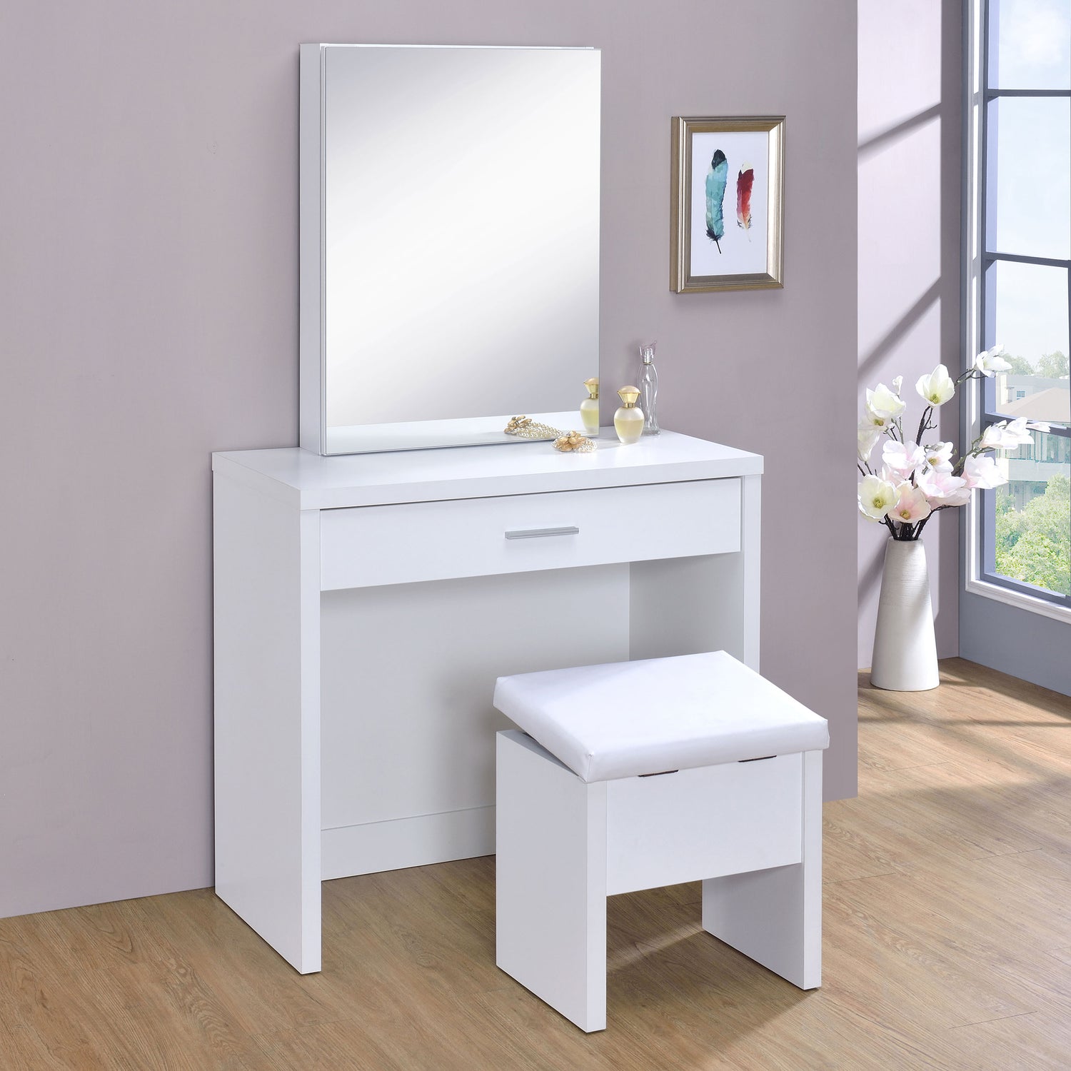 LGC300290 White Single Drawer Vanity Set With Lift Top Stool