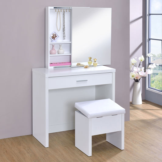 LGC300290 White Single Drawer Vanity Set With Lift Top Stool