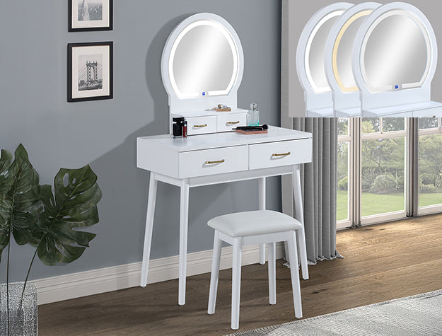 LGCM4905 White Glossy Vanity Table With Lights and Stool