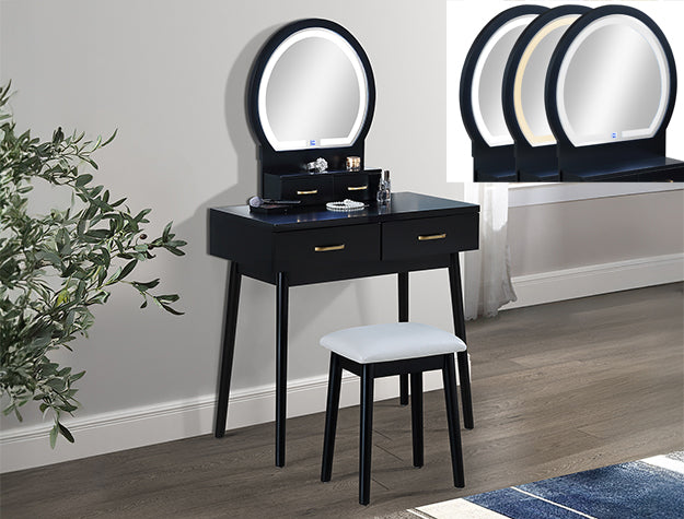 LGCM4905BK Glossy Black Vanity Table With Lights And Stool