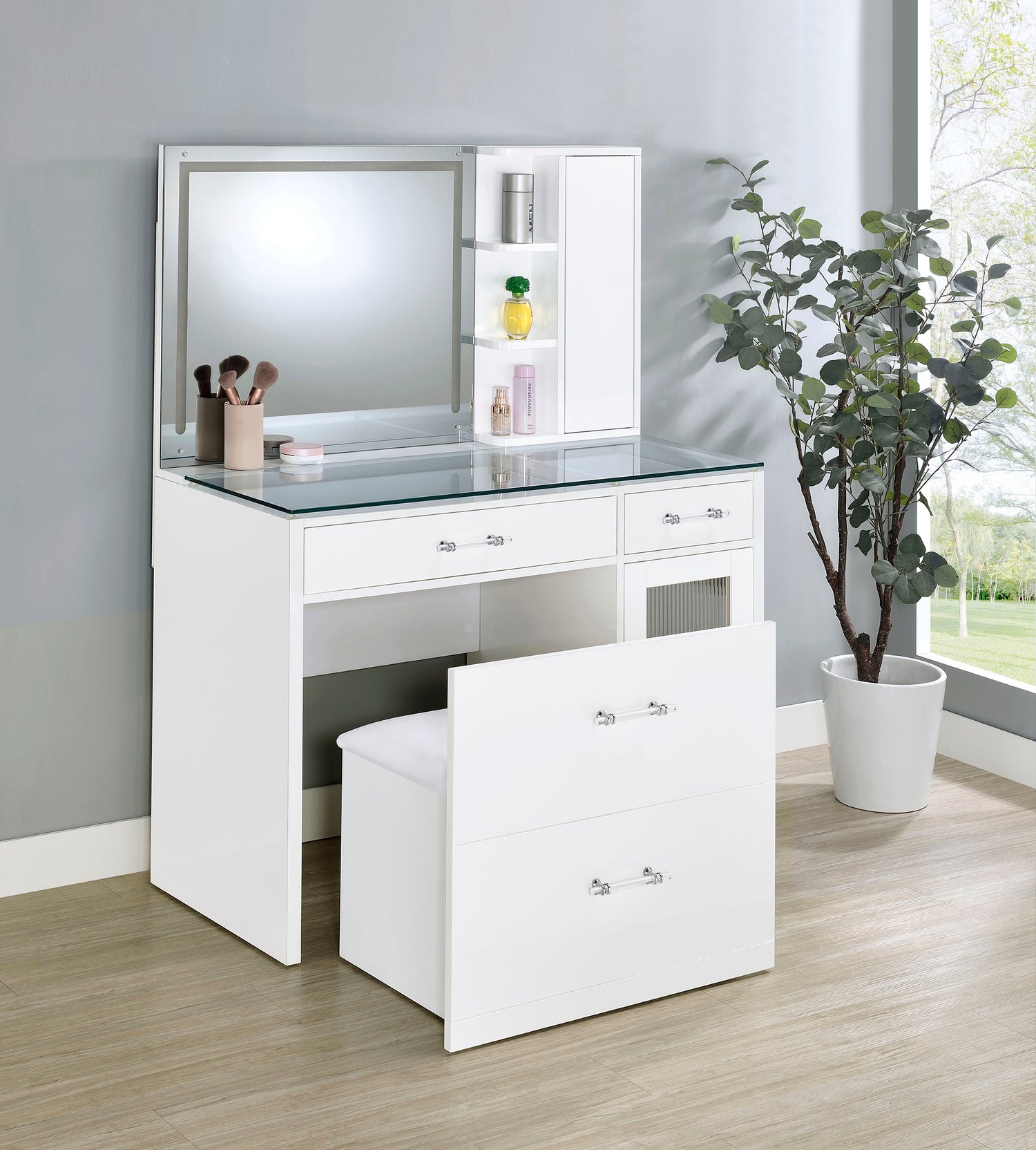 LGC930218 White Glossy Vanity Set With LED Mirror And Shelves