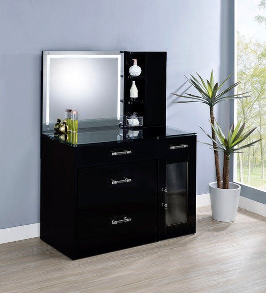 LGC930219 Glossy Black Vanity Set With LED Mirror and Shelves