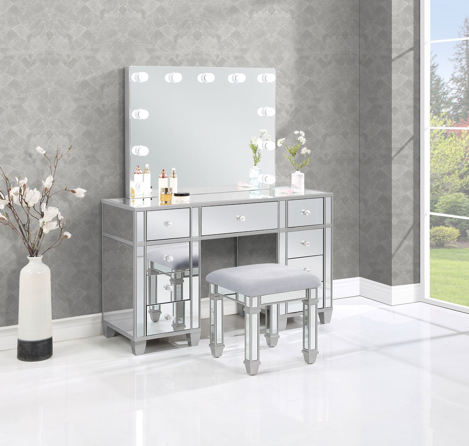 LGC930242 Mirrored 9 Drawer Metallic Silver Vanity Set With Lighted Mirror