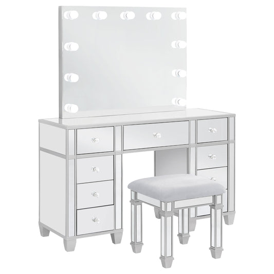 LGC930242 Mirrored 9 Drawer Metallic Silver Vanity Set With Lighted Mirror