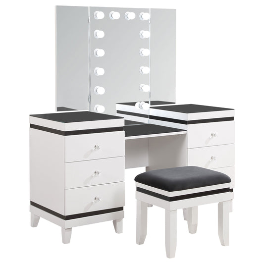 LGC930244 Black and White 6 Drawer 3 Panel Mirror With Lights Vanity Set With Stool