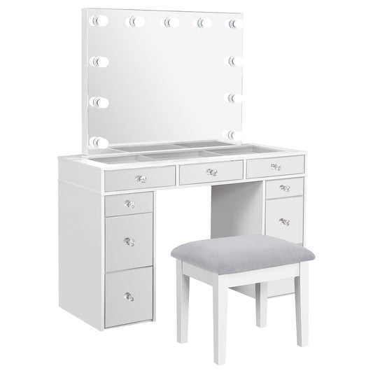 LGC930245 White Glossy Mirrored Drawer Vanity Set With Lighted Mirror and 9 Drawers