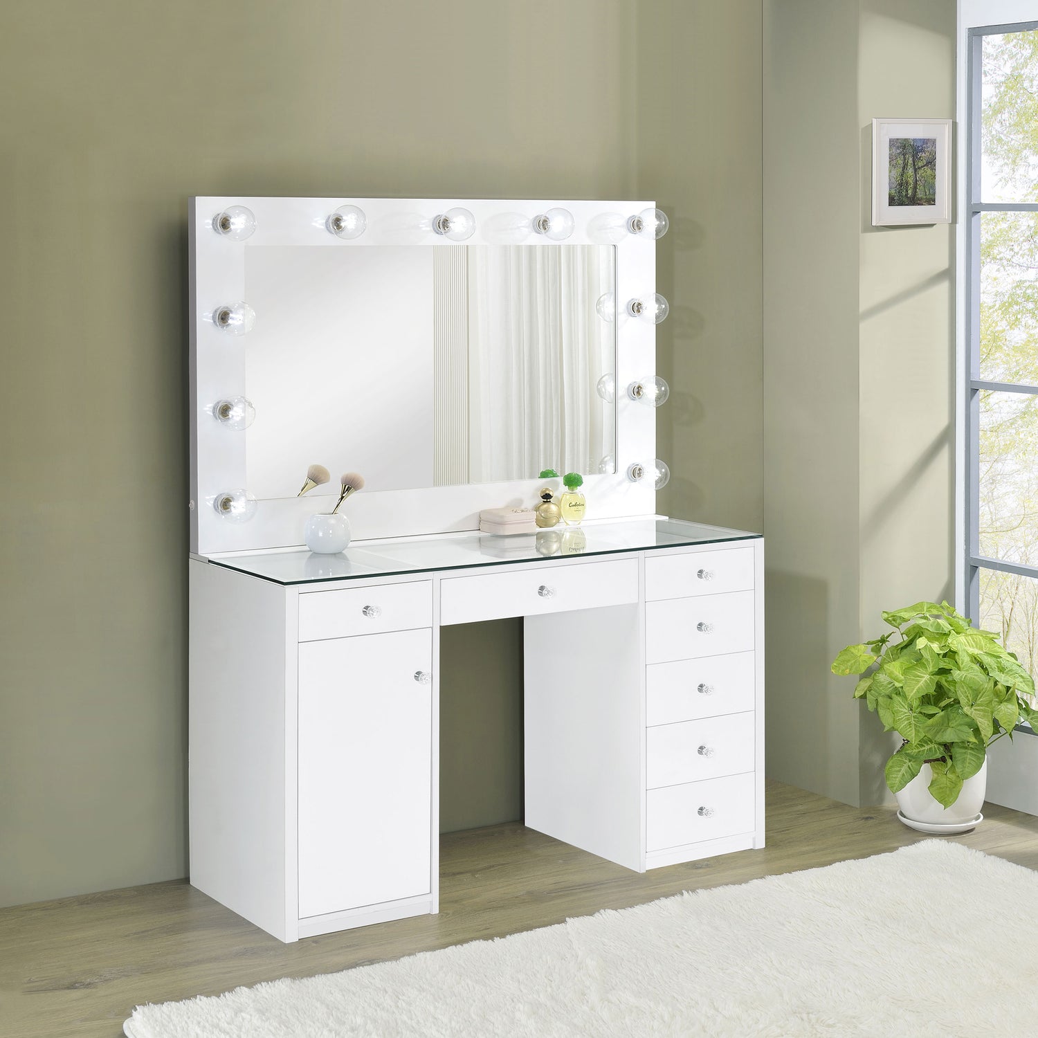 LGC931143 White Glossy 7 Drawer Vanity With Hollywood Lights Style Mirror