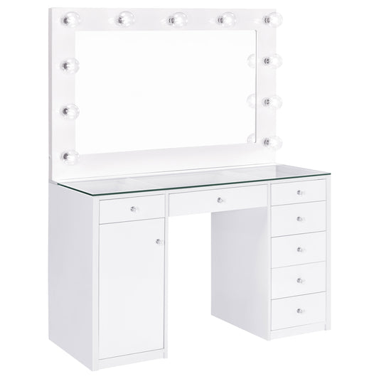 LGC931143 White Glossy 7 Drawer Vanity With Hollywood Lights Style Mirror