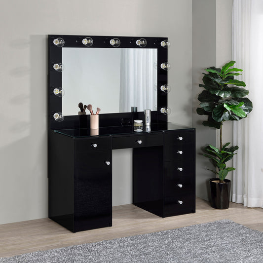 LGC931144 Black Glossy 7 Drawer Vanity With Hollywood Lights Style Mirror