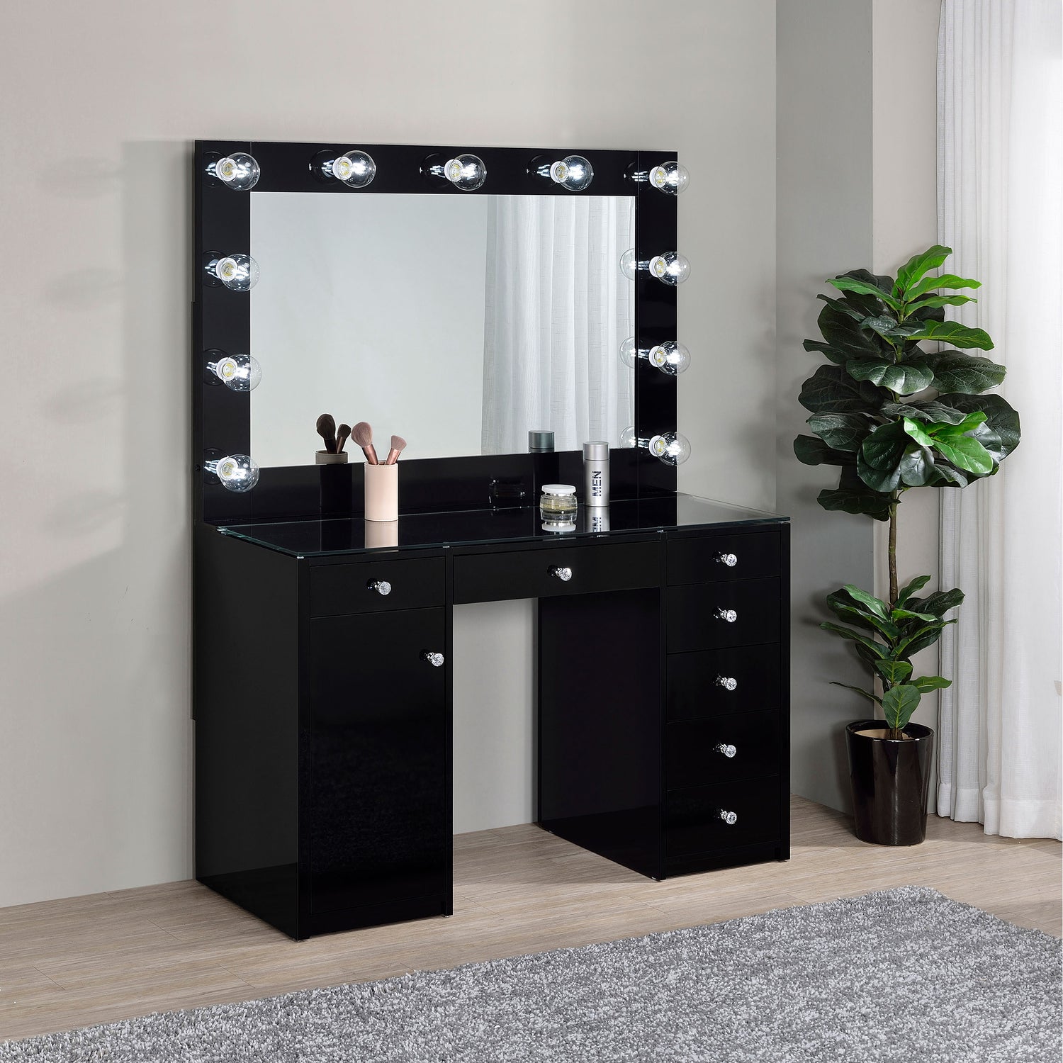 LGC931144 Black Glossy 7 Drawer Vanity With Hollywood Lights Style Mirror