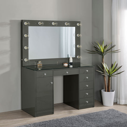 LGC931145 Grey Glossy 7 Drawer Vanity With Hollywood Lights Style Mirror