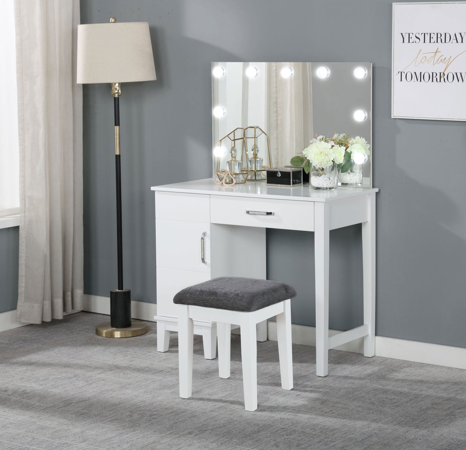 LGC931149 Vanity Set With Light Mirror and White and Gray Stool