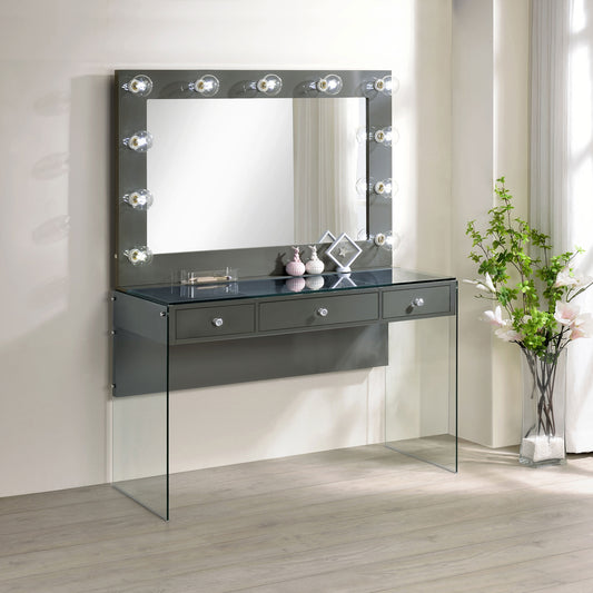 LGC935923 Grey Glossy 3 Drawer Vanity Set With Lighted Mirror and Grey Stool