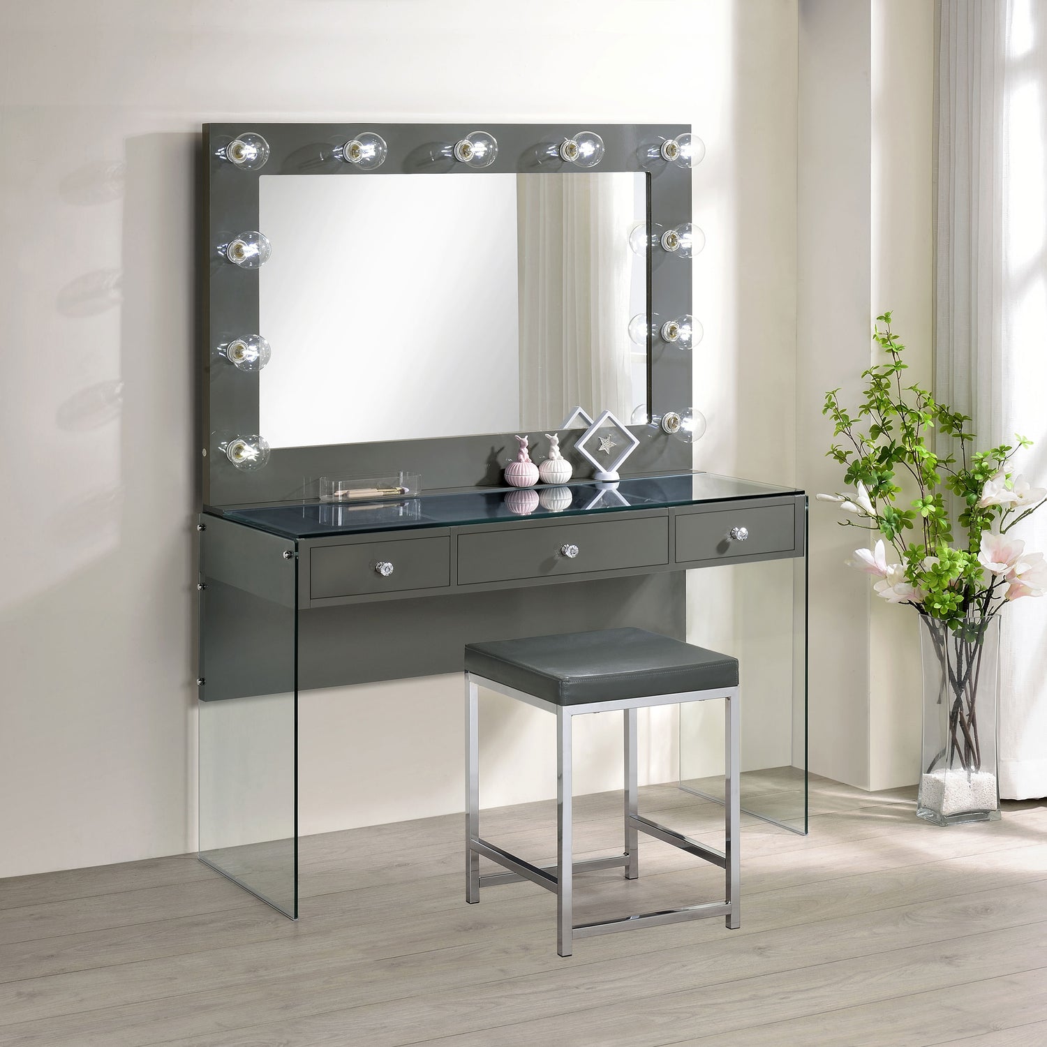 LGC935923 Grey Glossy 3 Drawer Vanity Set With Lighted Mirror and Grey Stool