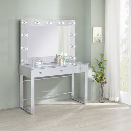 LGC935934 White and Chrome 3 Drawer Vanity Set With Lighted Mirror and Stool