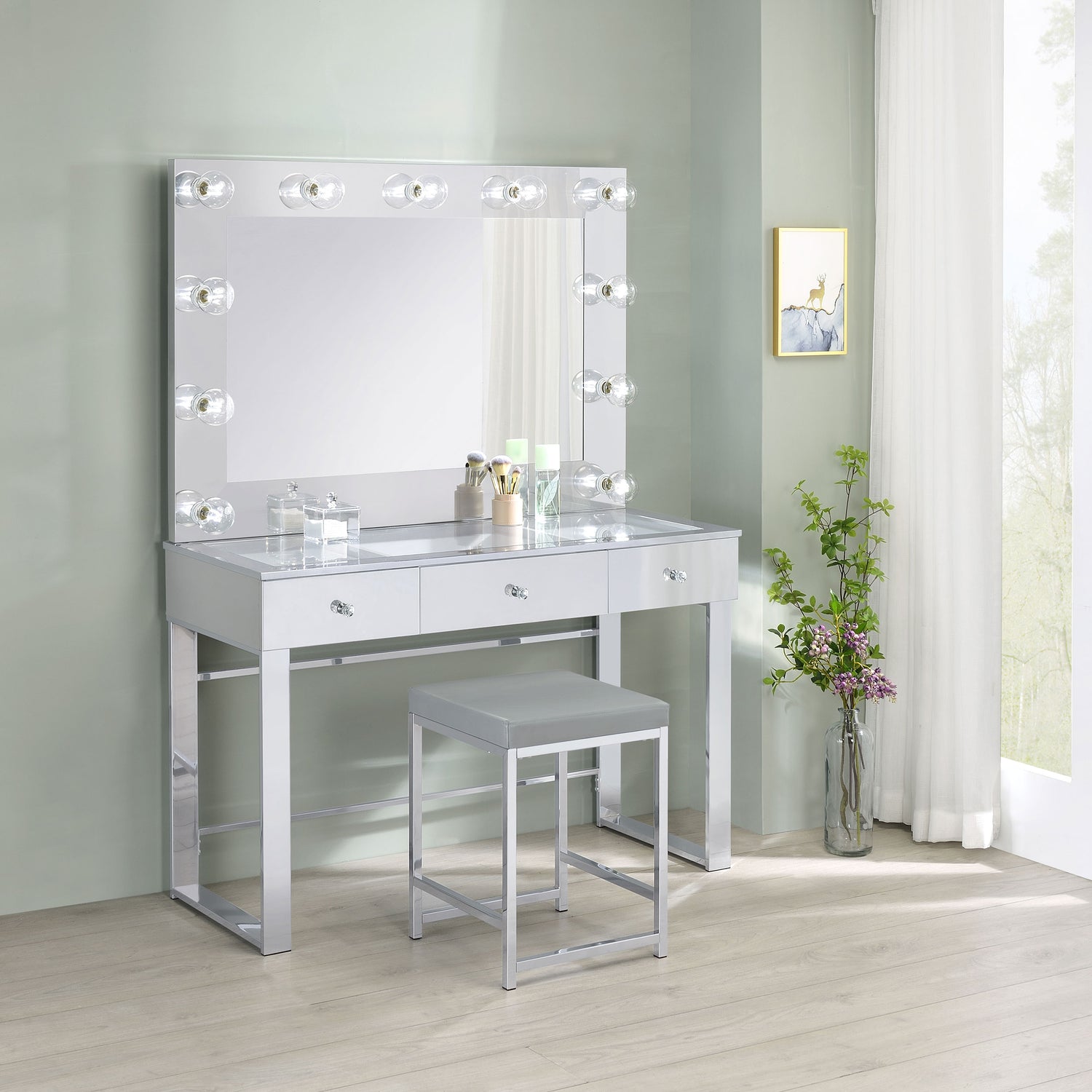 LGC935934 White and Chrome 3 Drawer Vanity Set With Lighted Mirror and Stool