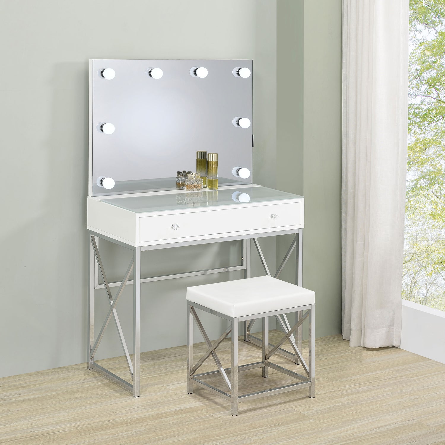 LGC936164 Metal Frame Single Drawer White Vanity Set With Lighted Mirror