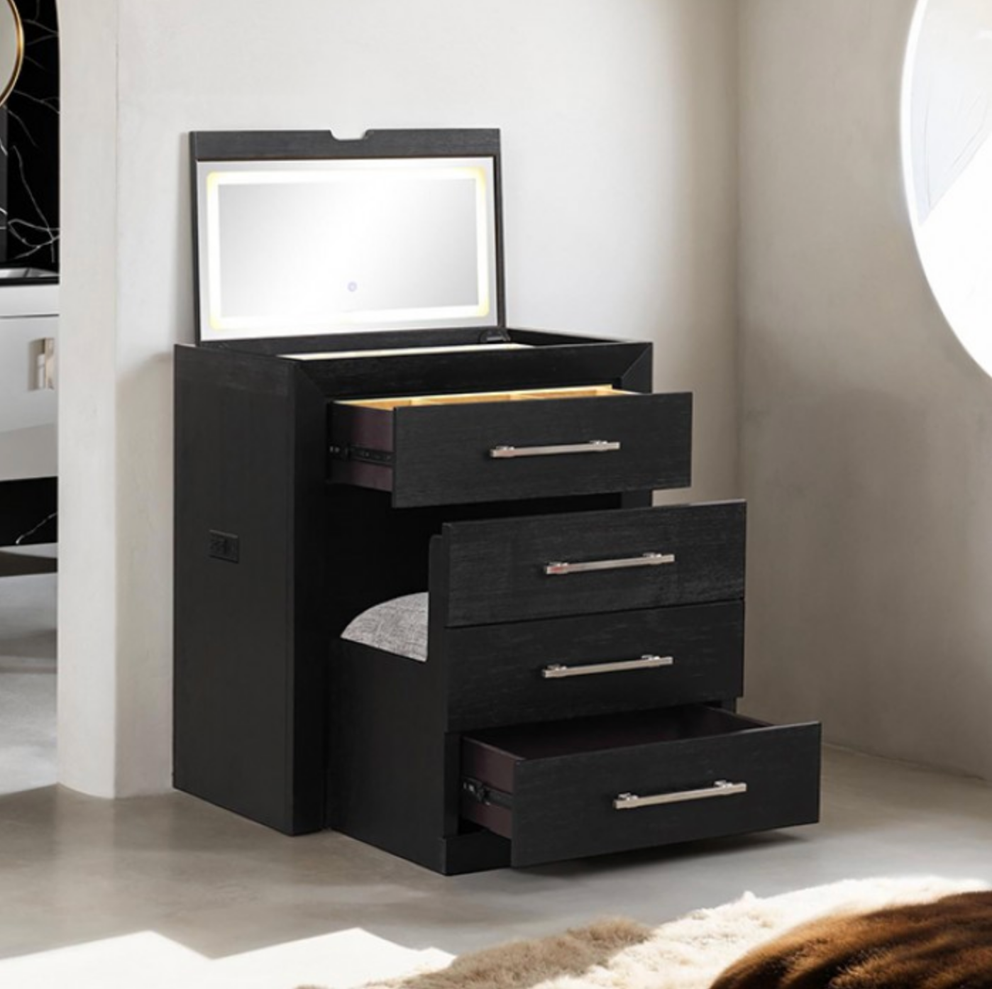 LGFAASHBOURNE Black Flip Top Vanity Set With Mirror And Stool