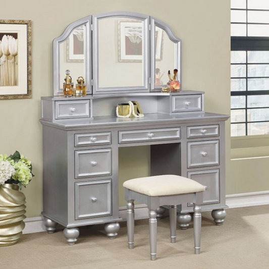 LGFAATHY Tri-Fold Mirror 9 Drawers Vanity With Stool-Available in White or Gray