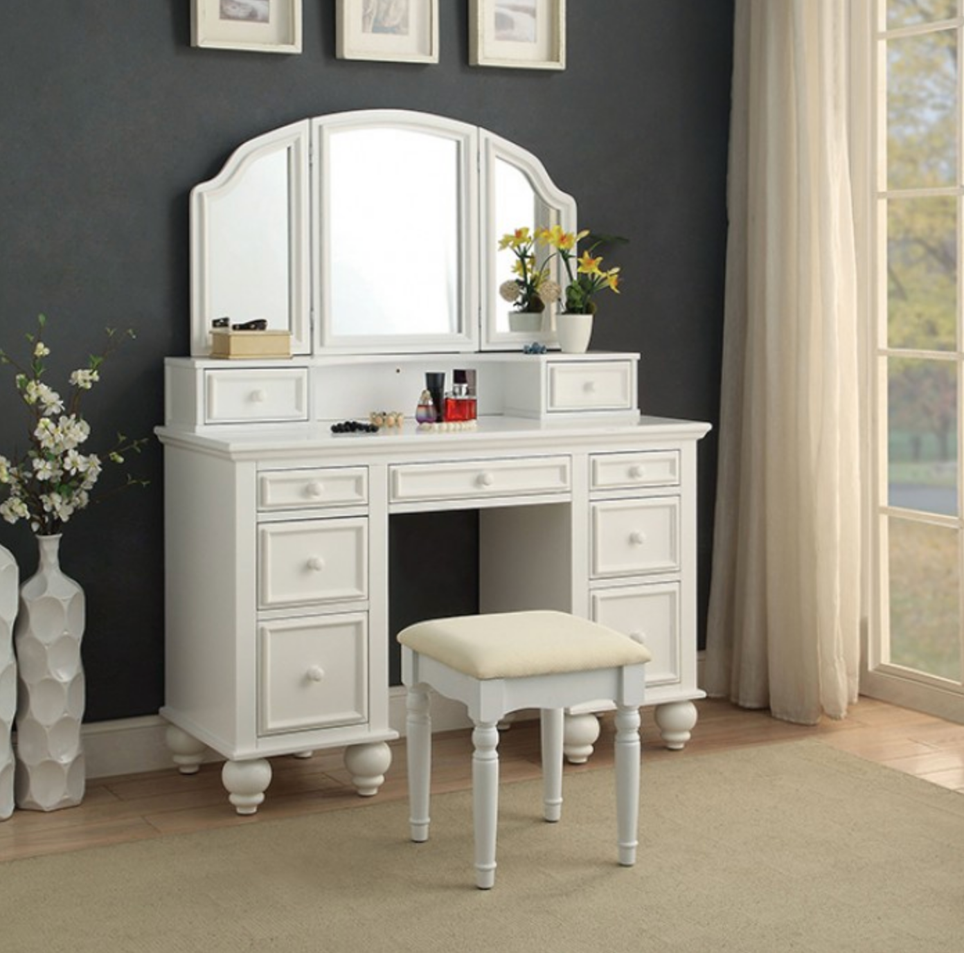 LGFAATHY Tri-Fold Mirror 9 Drawers Vanity With Stool-Available in White or Gray