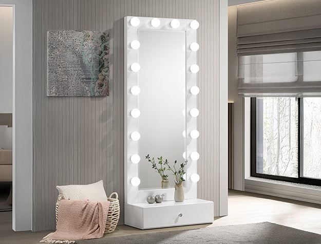 LGCKB4852WH White Glossy Floor Mirror Vanity With Single Drawer