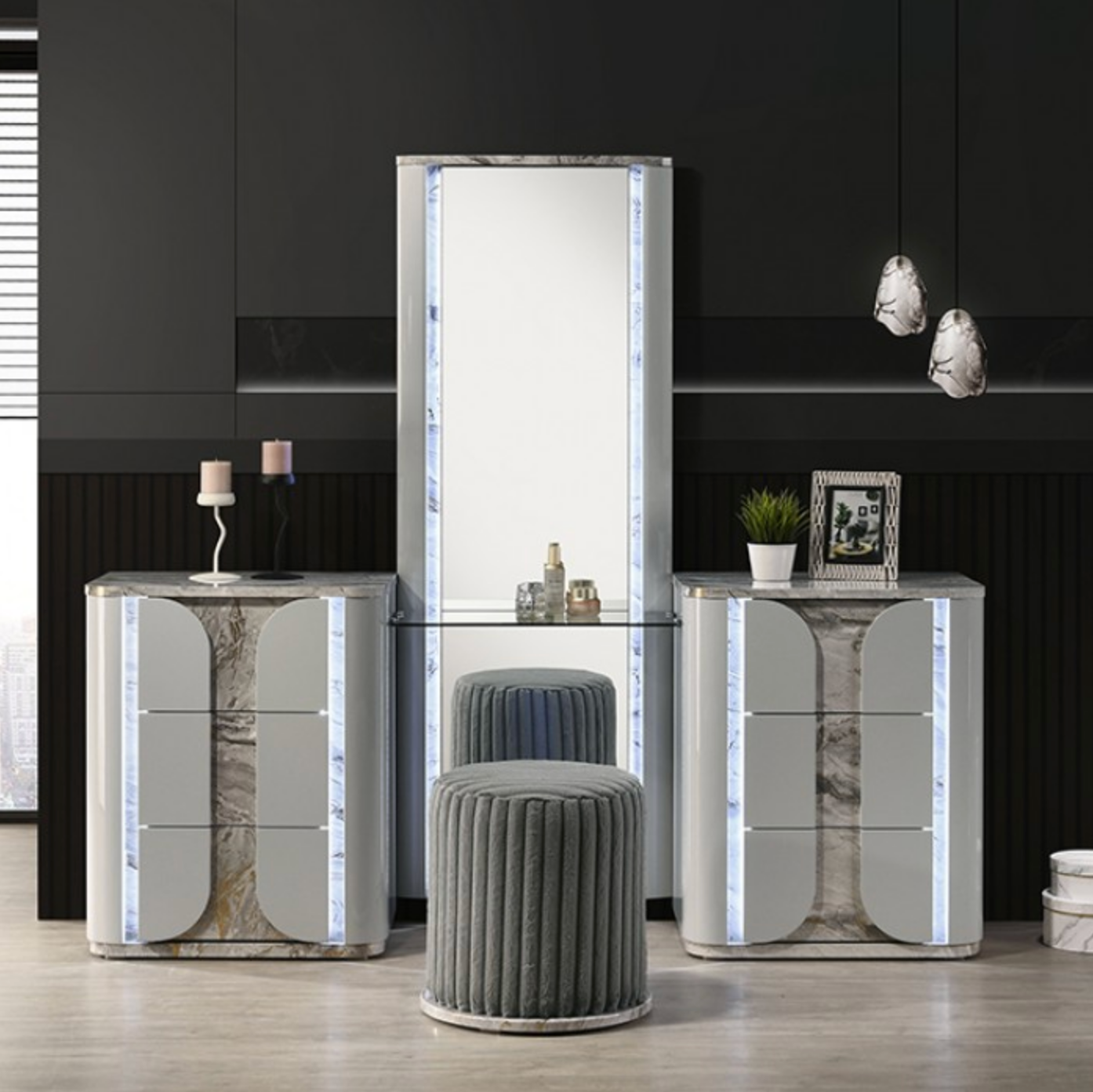 LGFACLEBURNE Light Gray Geometric Design and Marble Accent Vanity Set