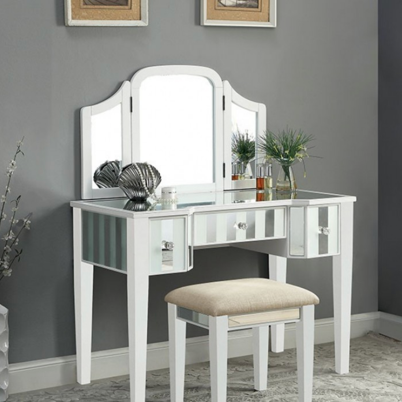 LGFACYNDI Paneled Mirror White Vanity With Stool