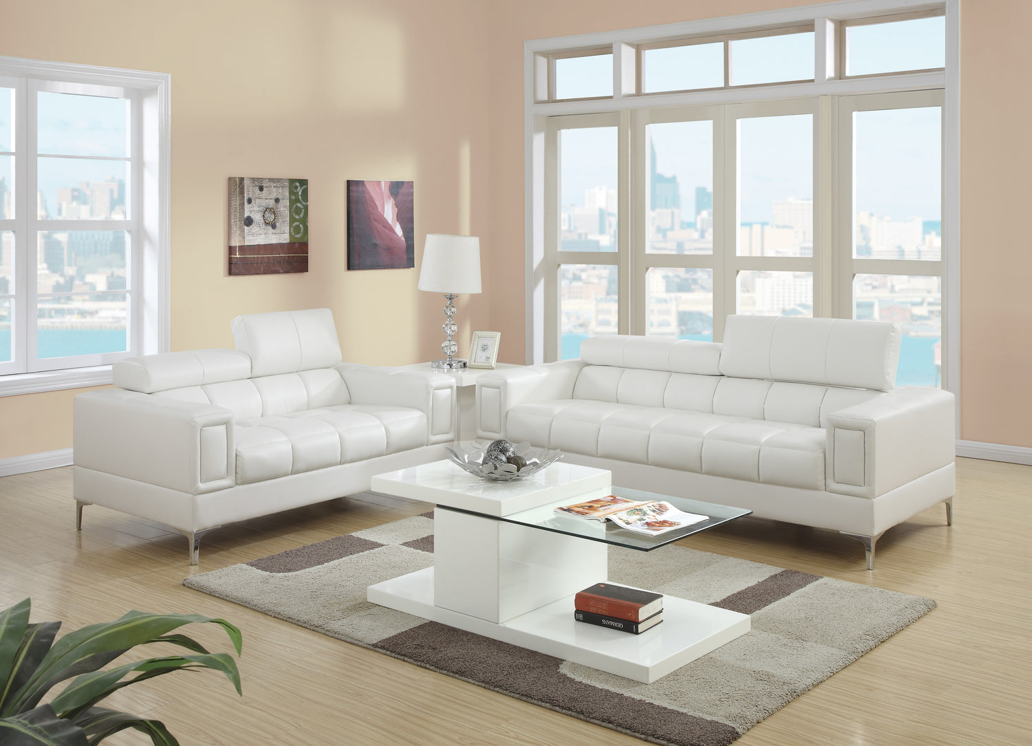 LGPF7240 White Faux Leather Sofa Set With Head Reclining Section