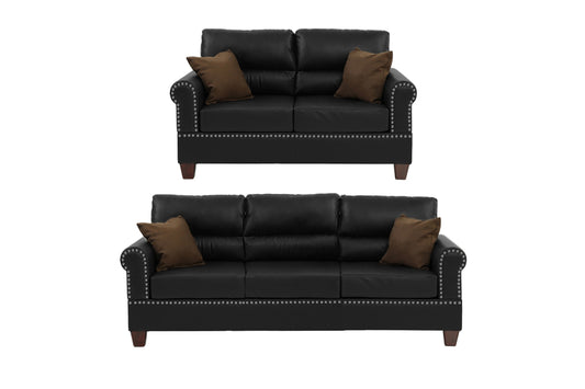 LGPF7877 Black Faux Leather Nickel Button Finish Sofa Set