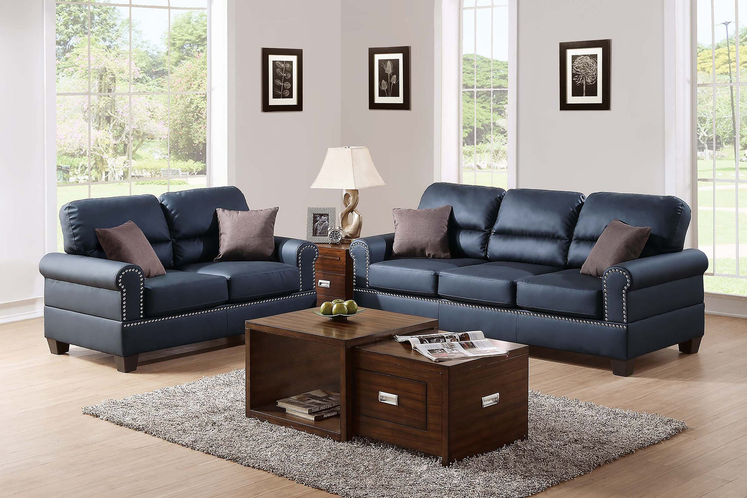 LGPF7877 Black Faux Leather Nickel Button Finish Sofa Set