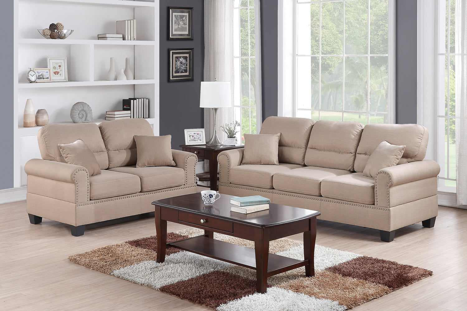 LGPF7879 Sand Color Linen Like Fabric Nickel Button Finish Sofa Set