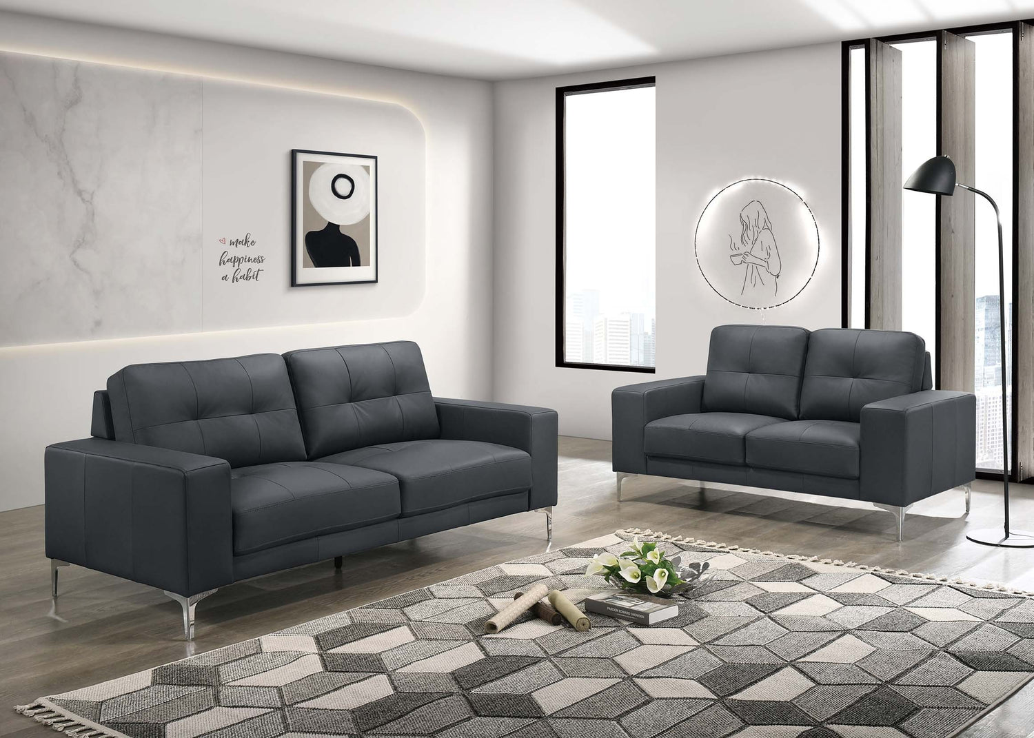 LGPF8417 Black Leather Contemporary Sofa Set