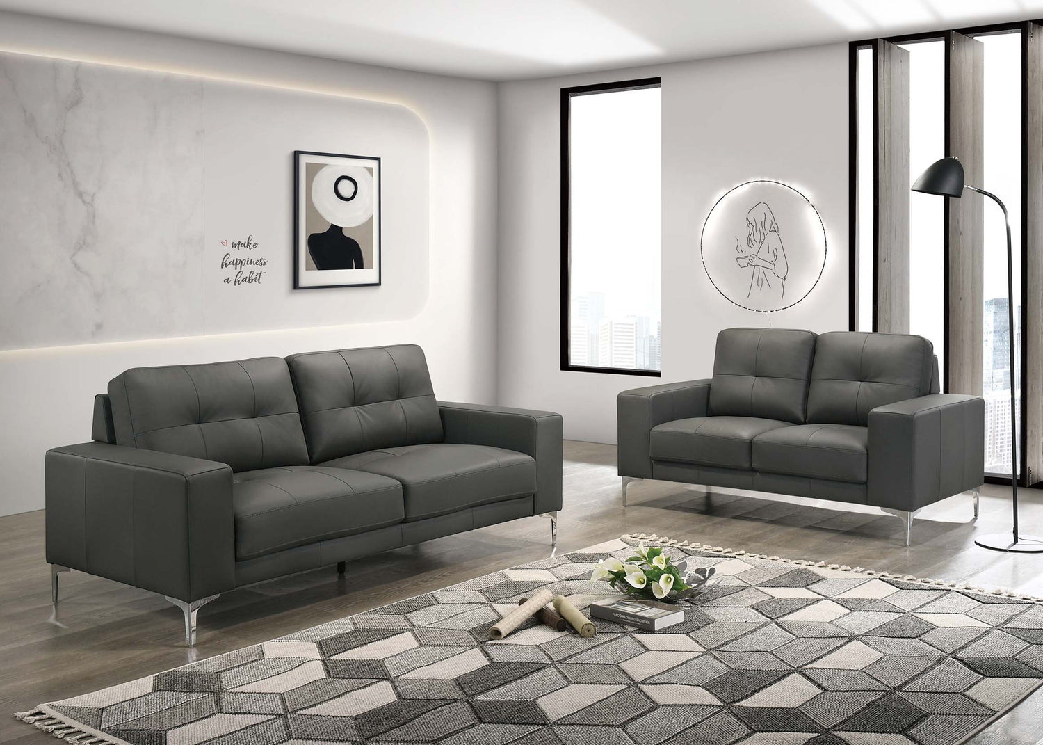 LGPF8418 Gray Leather Contemporary Sofa Set