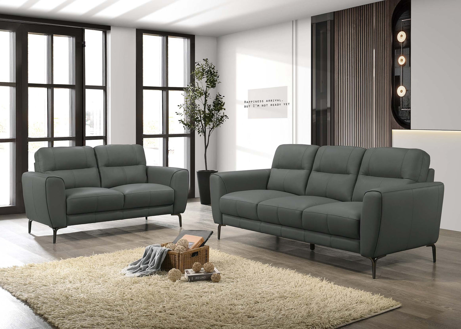 LGPF8419 Gray Leather 2 Pieces Sofa Set