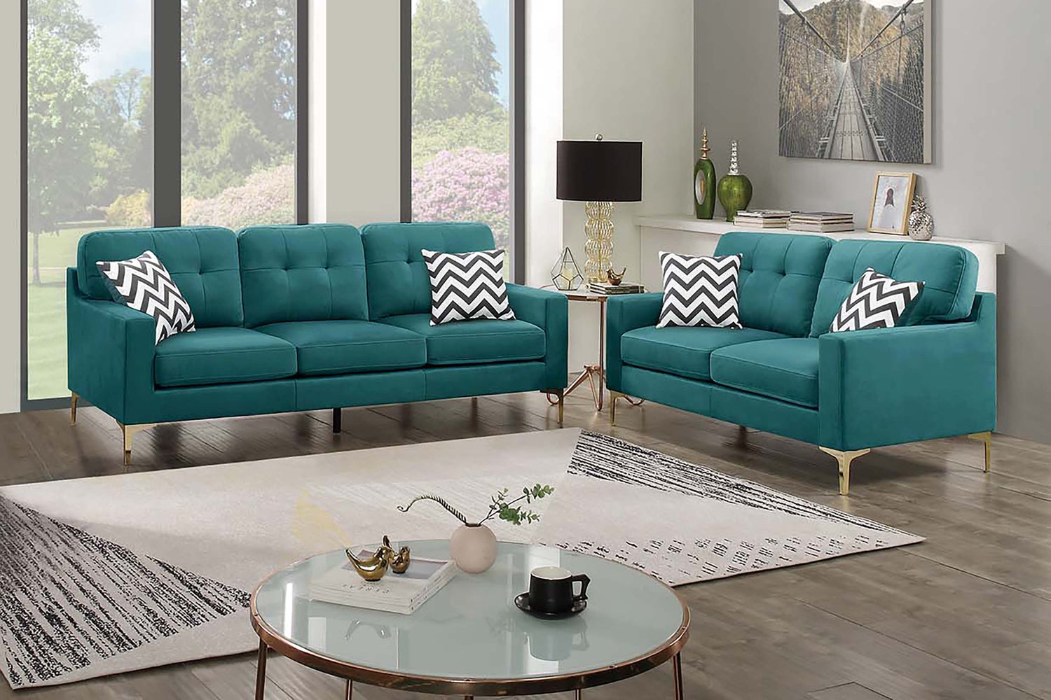 LGPF8441 Teal Blue Velvet Sofa Set