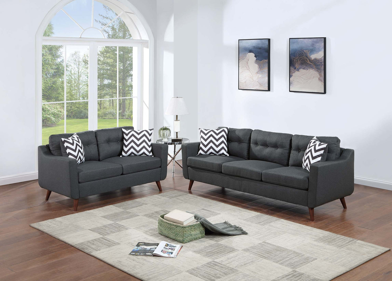 LGPF8443 Black Linen Like Fabric Sofa Set With Angled Wooden Legs