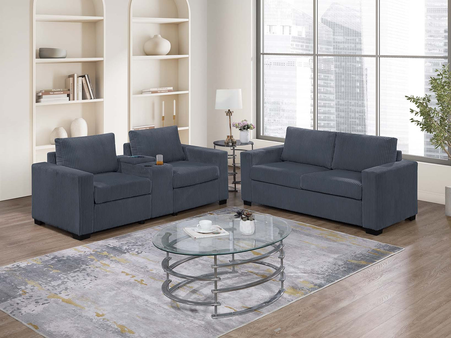 LGPF8459 Dark Gray Corduroy Sofa Set With Charging Station and Cup Holders