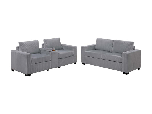 LGPF8460 Light Gray Corduroy Sofa Set With Charging Station and Cup Holders